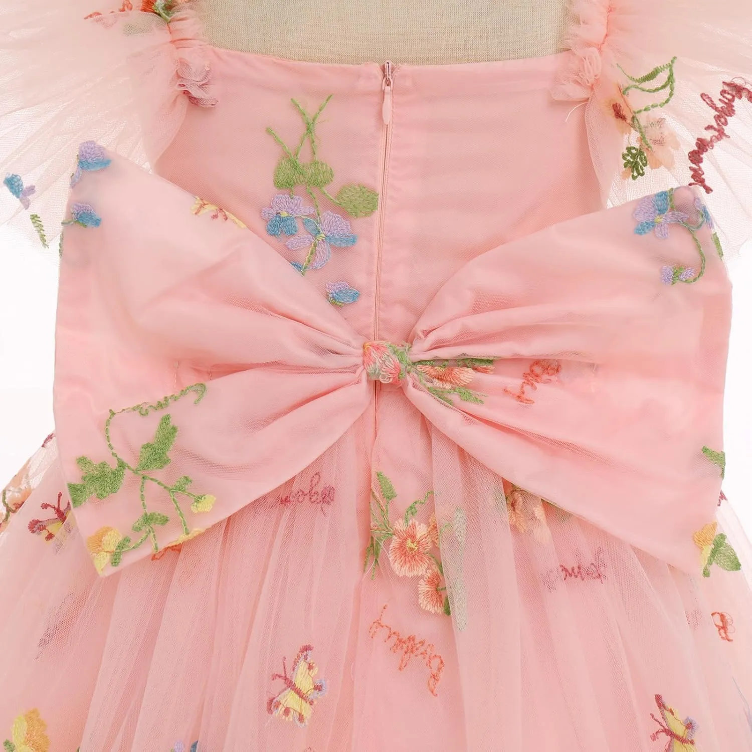 IBTOM CASTLE Flower Girl Ruffe Dress Floral Embroidery Princess Flutter Sleeve Party Dress Bowknot Wedding Bridesmaid