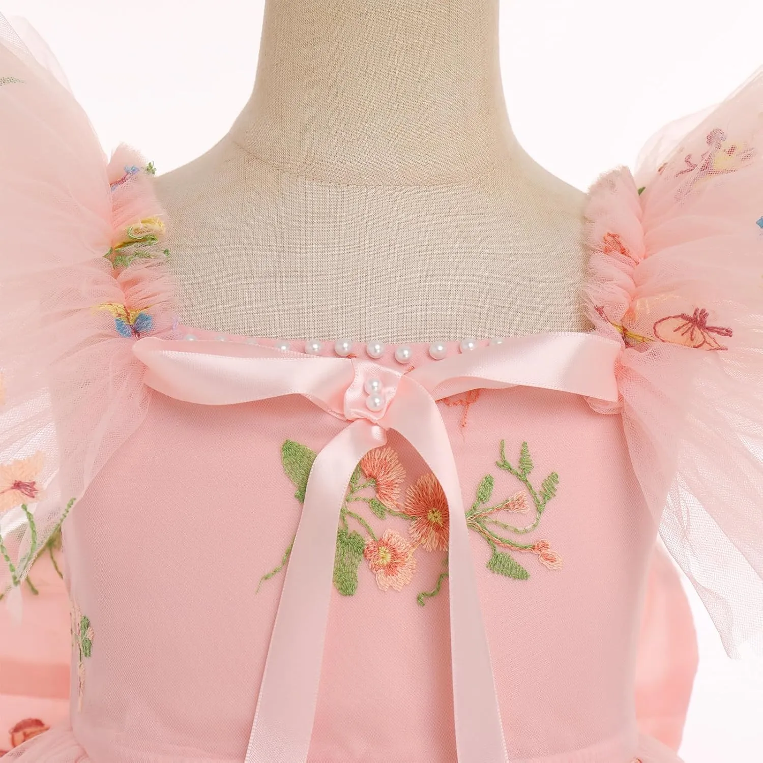 IBTOM CASTLE Flower Girl Ruffe Dress Floral Embroidery Princess Flutter Sleeve Party Dress Bowknot Wedding Bridesmaid