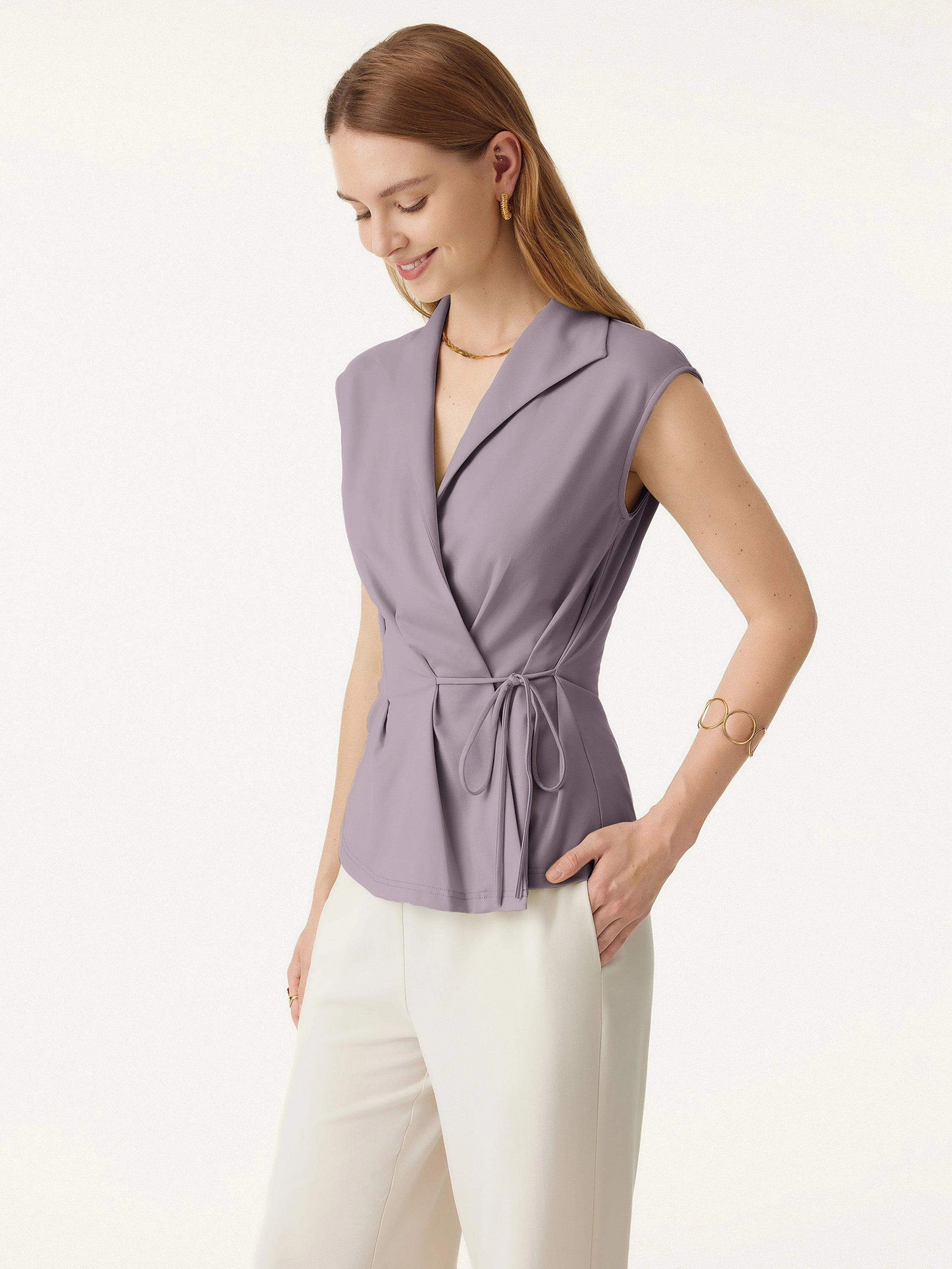 Icy Ponte Flap Collar Surplice Sleeveless Top with Drawstring Tie Stretch Fit Breathable Linen Blend