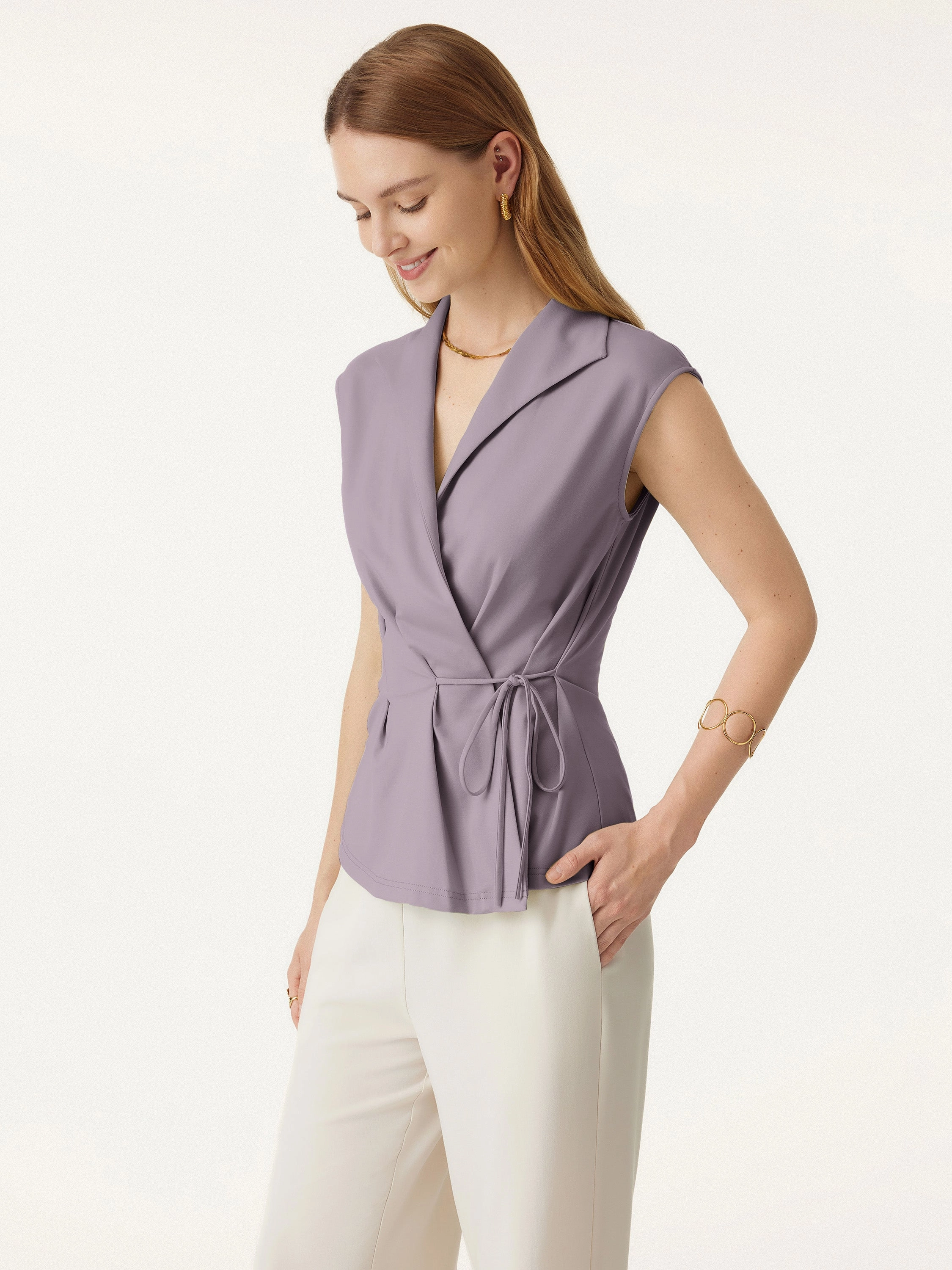 Icy Ponte Flap Collar Surplice Sleeveless Top with Drawstring Tie MoistureManagementSystem