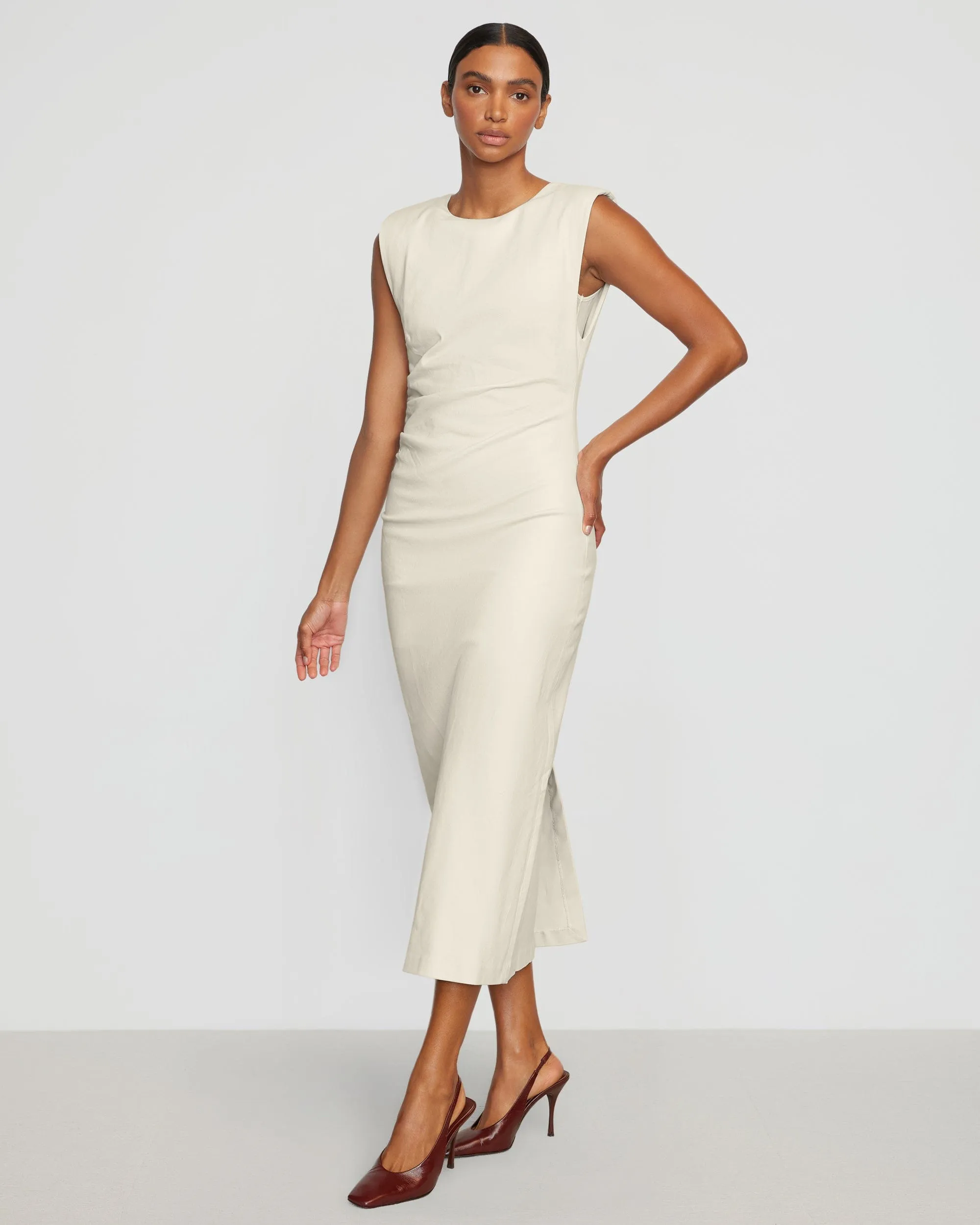 Modern Waistband Long Lines Iman Split-Hem Cotton Twill Dress