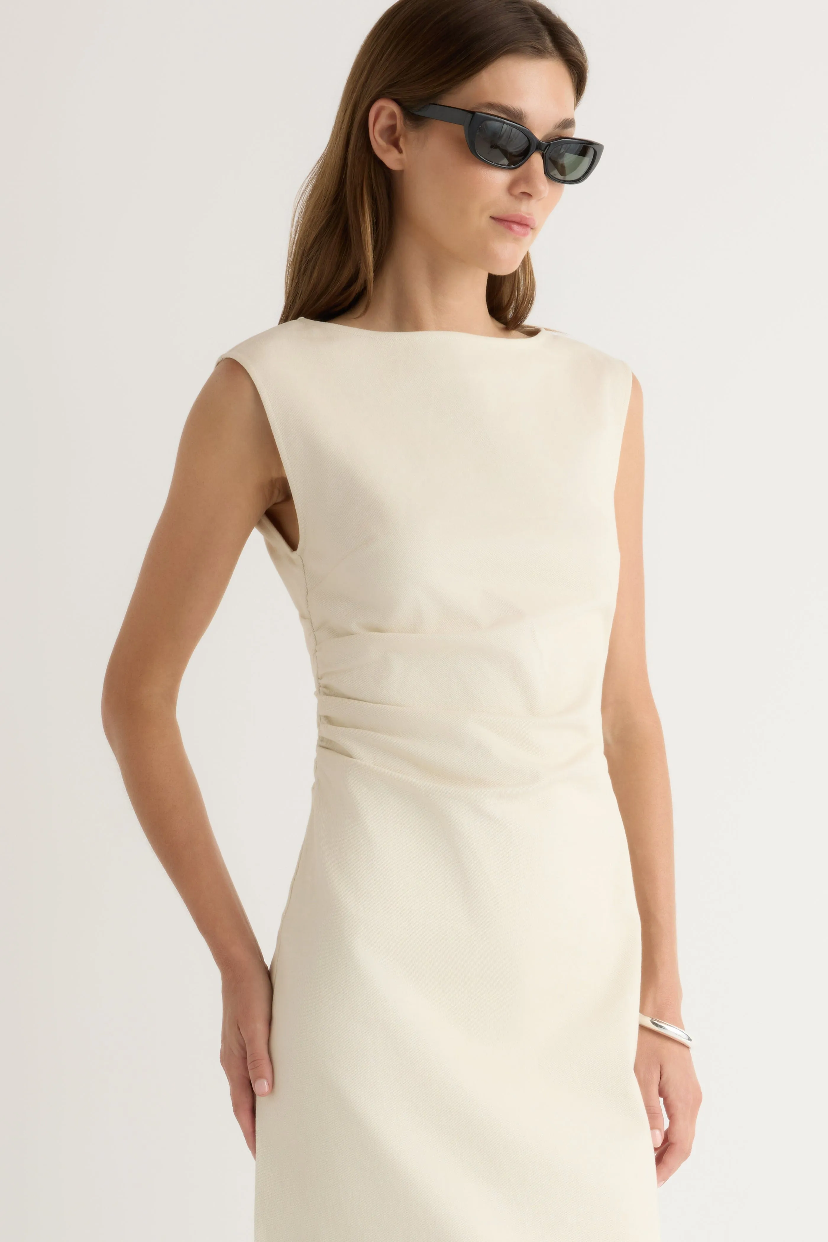 Draped Silhouette Tiered Skirt Inari Cotton Twill Boat-Neck Dress