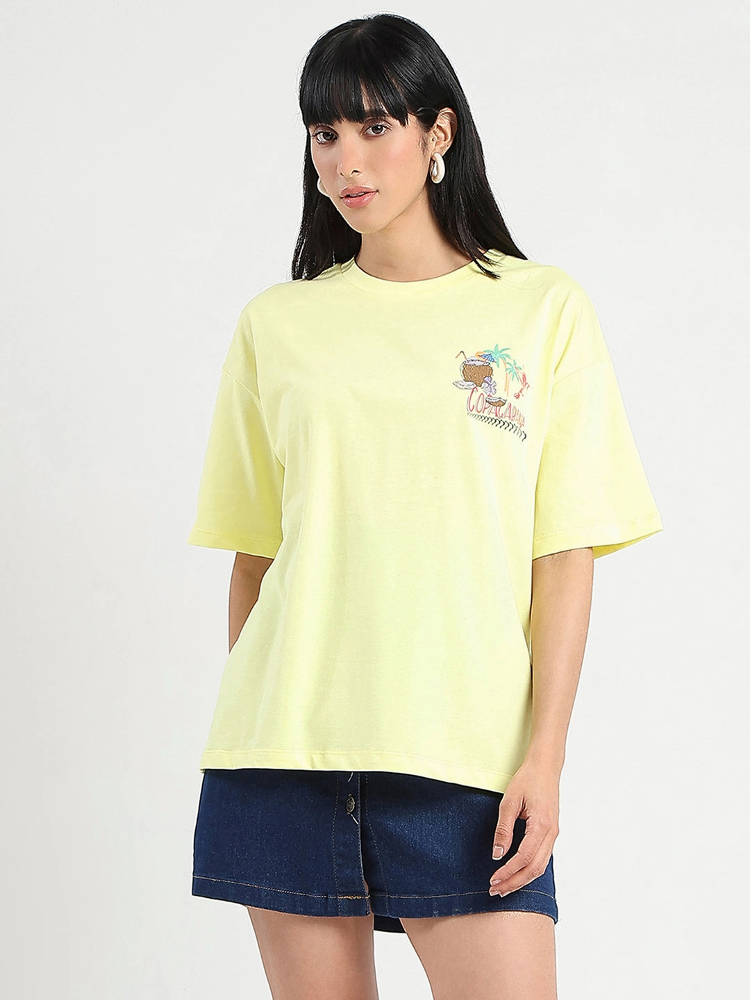 Crew Neck Design Madame Graphic Print Detailed Yellow Cotton T-shirt