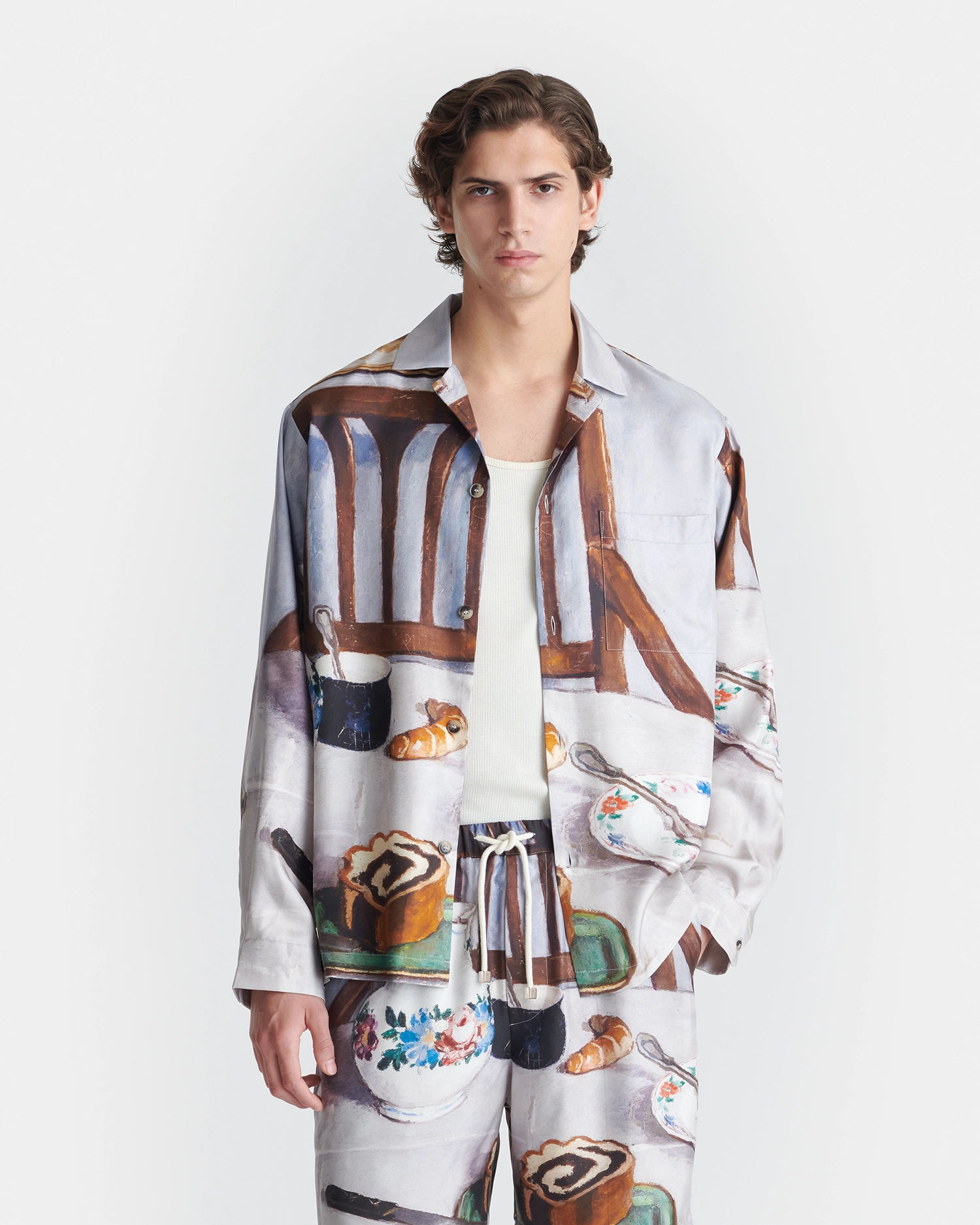 DroppedShoulder Sebler - Printed Silk Twill Shirt - Poppyseed Cake