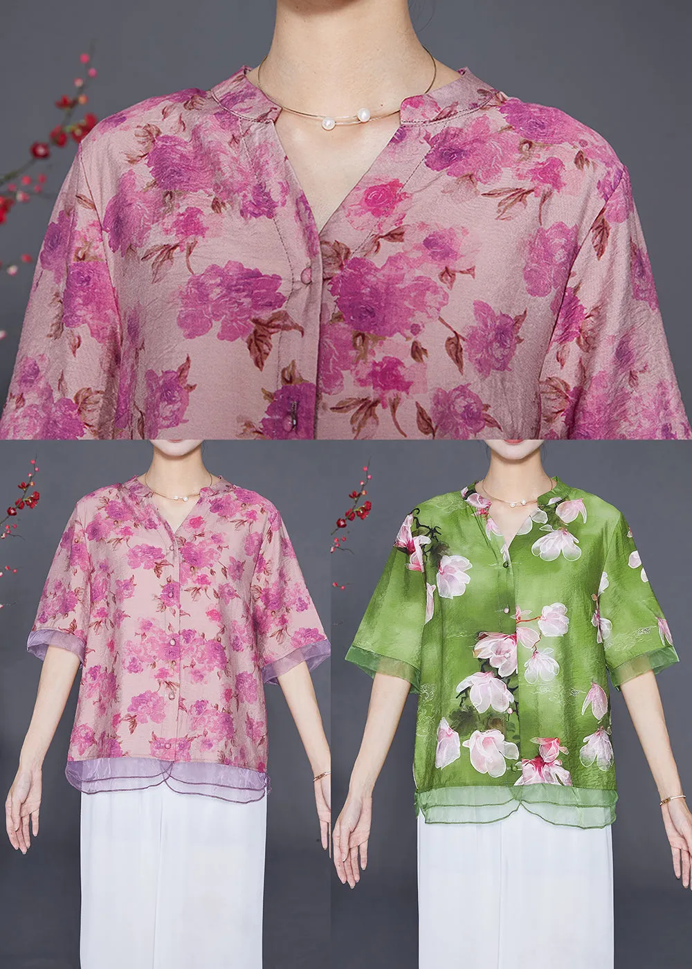Italian Green Floral Patchwork Organza Linen Silk Shirt Top Half Sleeve LY6545