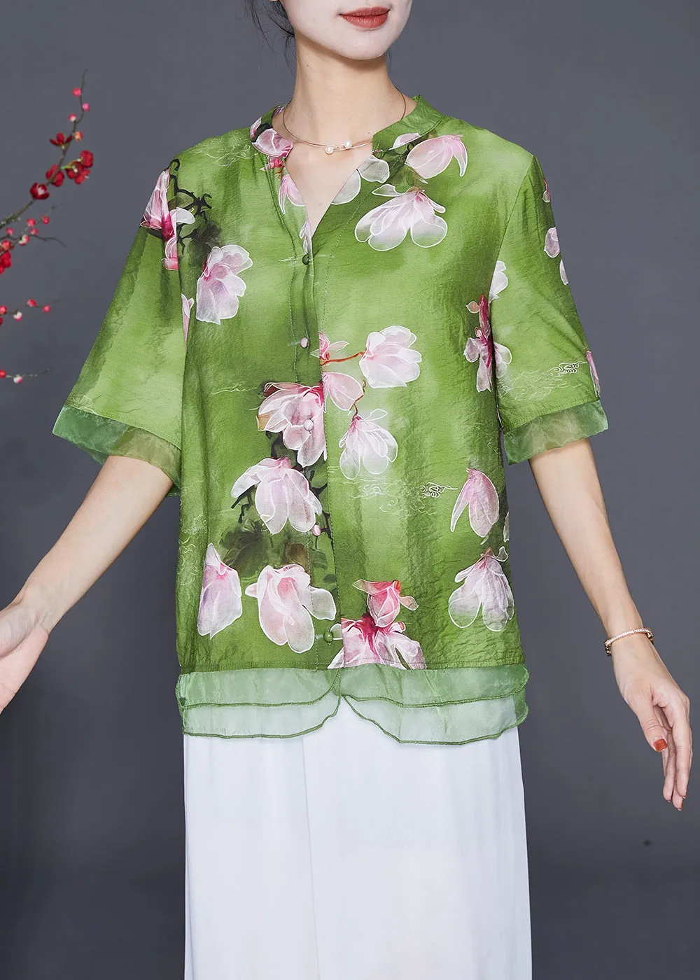 Italian Green Floral Patchwork Organza Linen Silk Shirt Top Half Sleeve LY6545