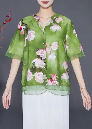 Italian Green Floral Patchwork Organza Linen Silk Shirt Top Half Sleeve LY6545