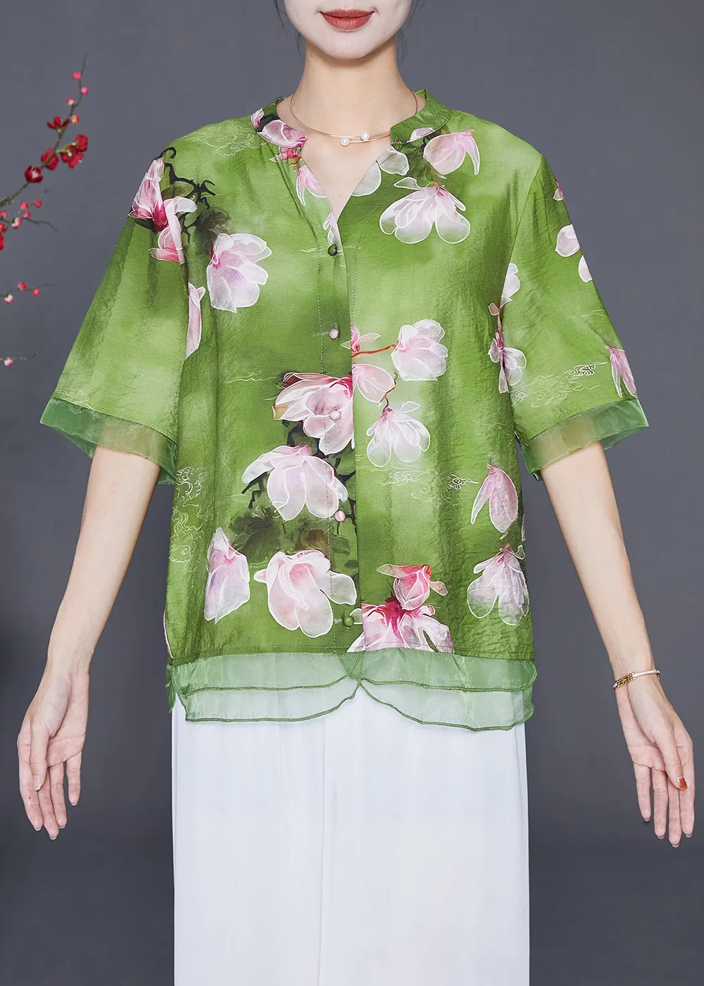 Italian Green Floral Patchwork Organza Linen Silk Shirt Top Half Sleeve LY6545