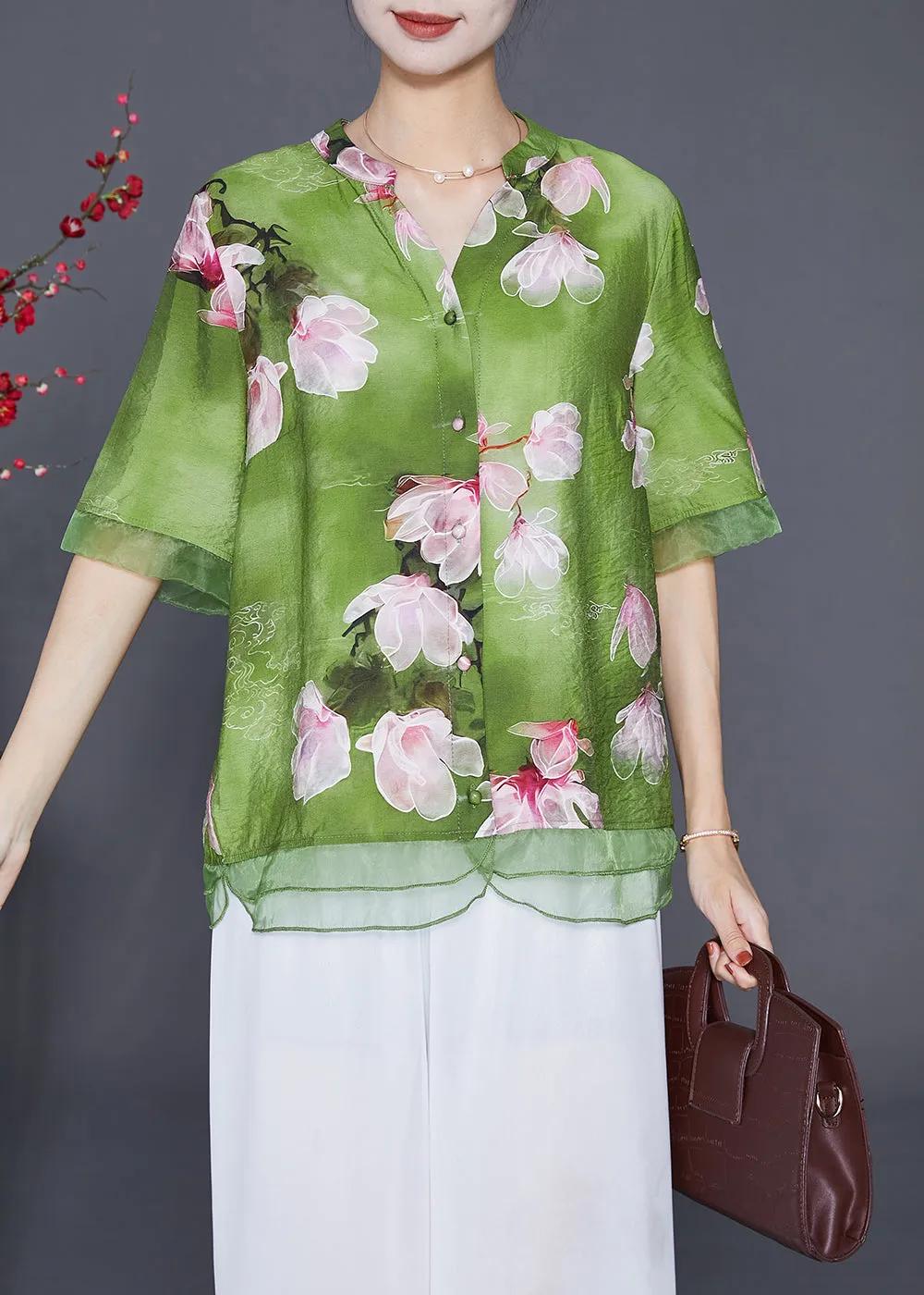 Italian Green Floral Patchwork Organza Linen Silk Shirt Top Half Sleeve LY6545