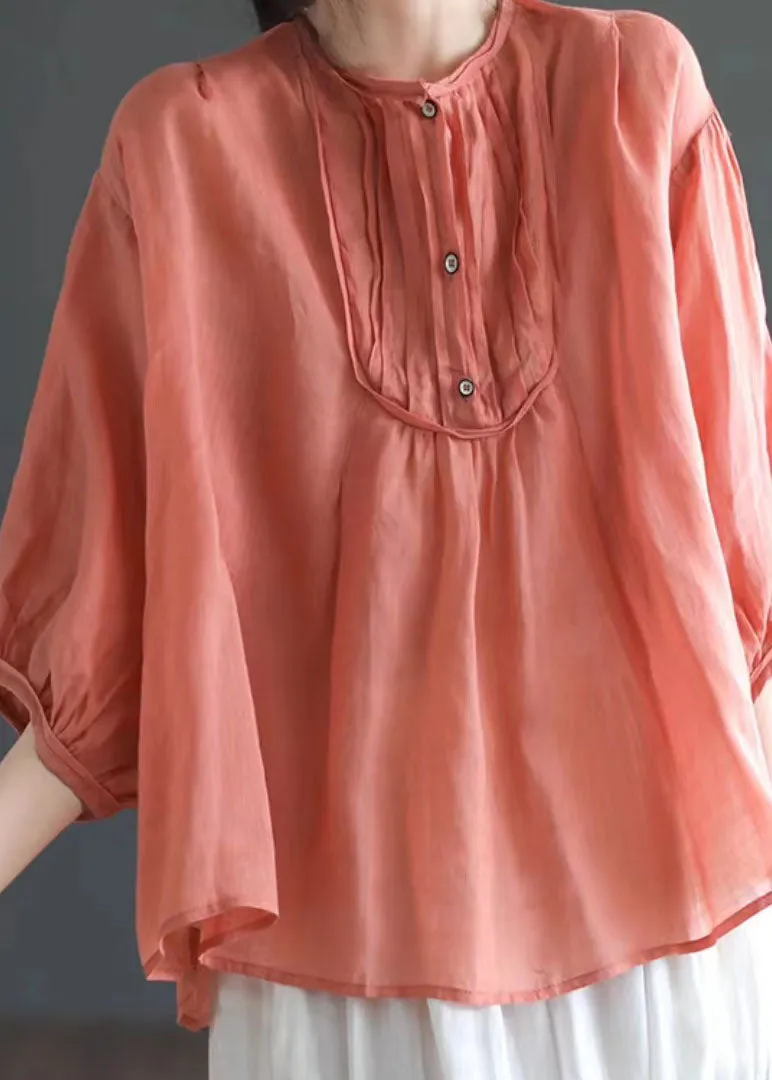 Italian Orange Wrinkled Print Patchwork Linen Shirts Top Summer LY2502
