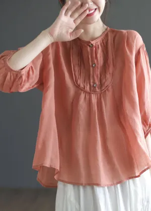 Italian Orange Wrinkled Print Patchwork Linen Shirts Top Summer LY2502