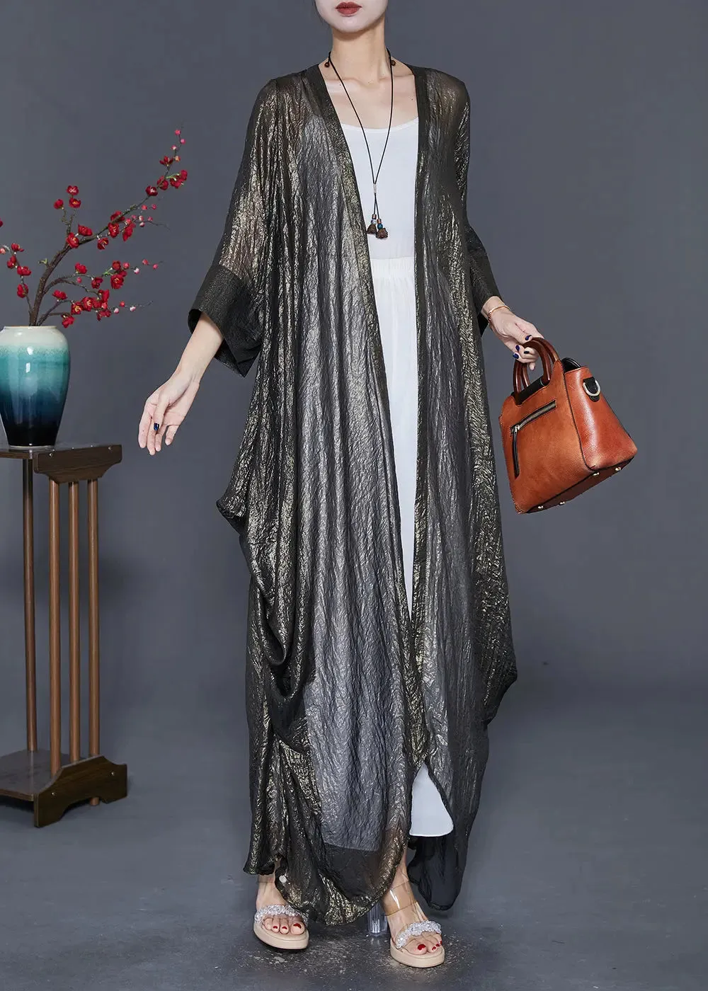 Italian Oversized Asymmetrical Design Silk Long Cardigan Fall ML0414