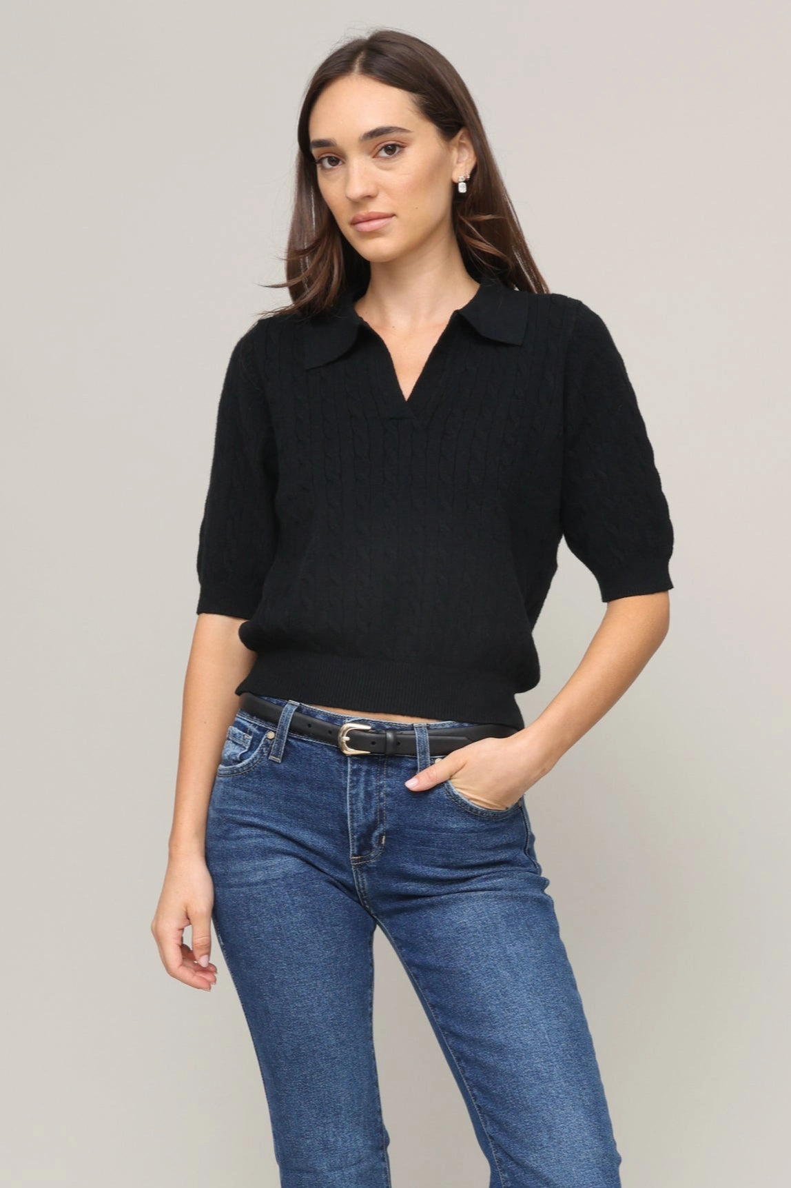 Ivy Short Sleeve Cable Sweater Smart Style Hooded Knit Variation