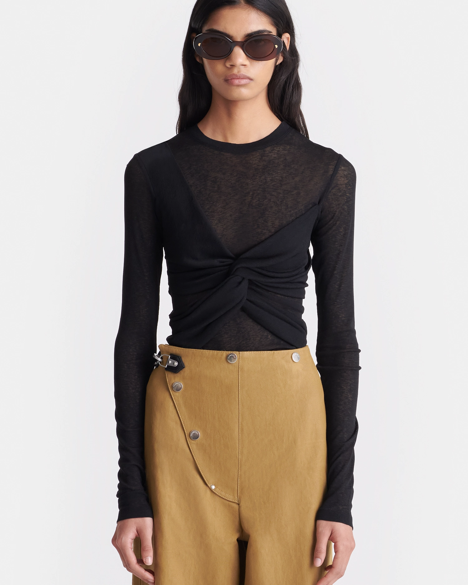 Izolda - Draped Mesh Jersey Top - Black ElasticTrimming