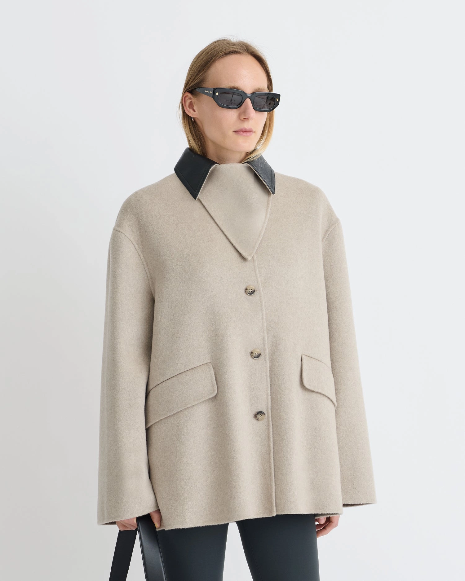 Jada - Double Wool/Regen Leather Jacket - Stone/Black Elegant-appearance