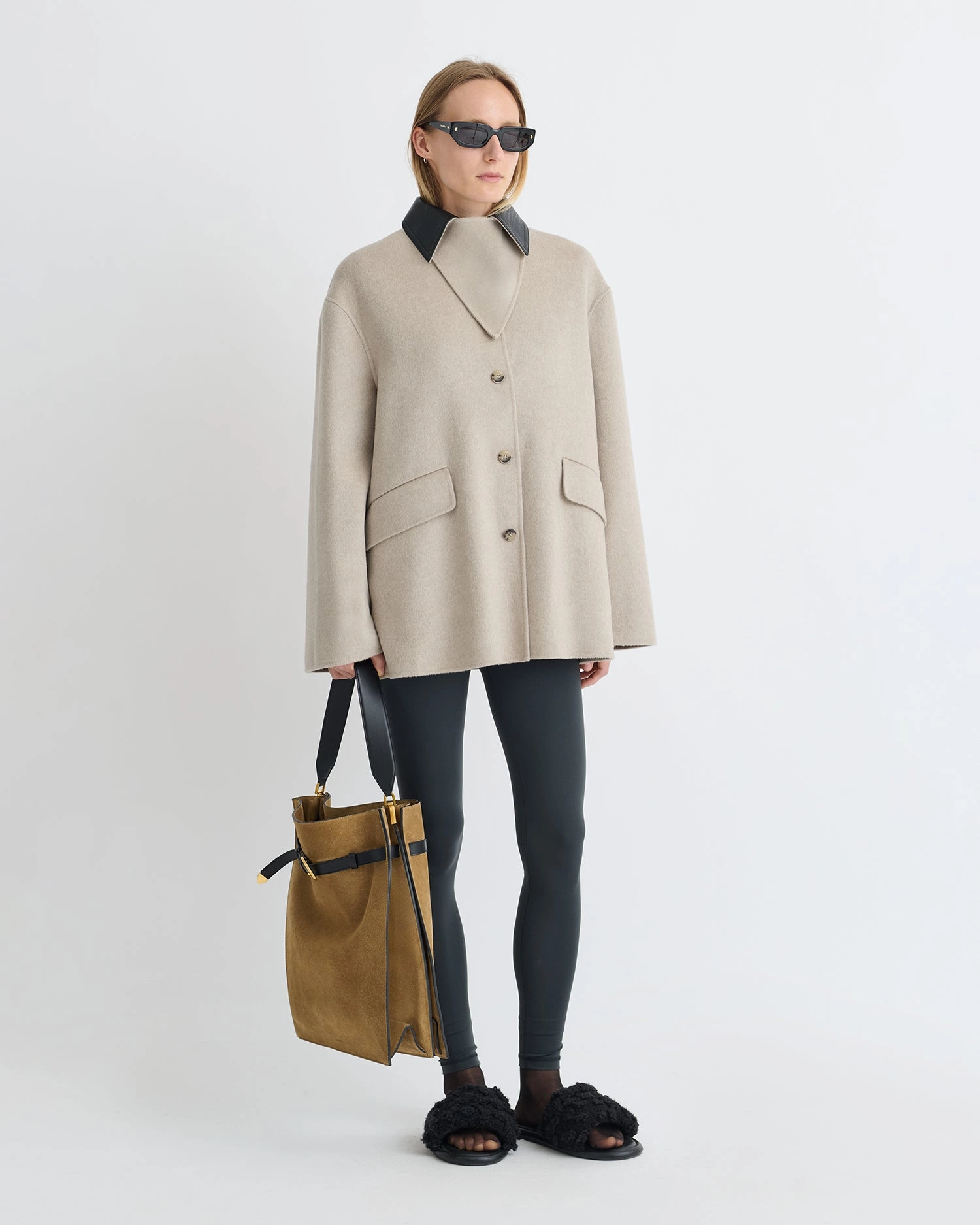 Smooth Fit Jada - Double Wool/Regen Leather Jacket - Stone/Black