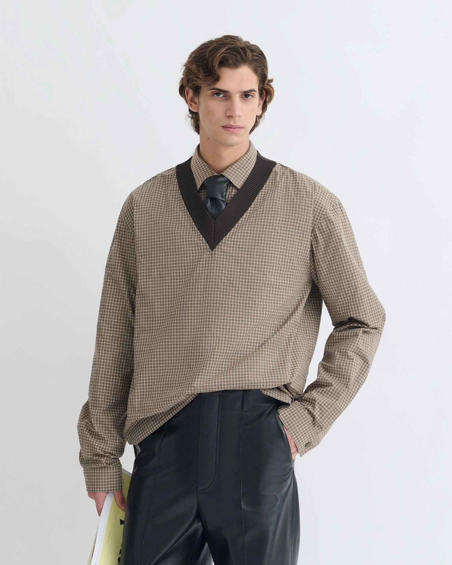 Stylish Hoodie Loose Sweater Jahan - Checked V-Neck Top - Brown/Creme
