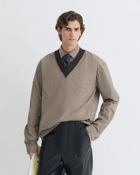 Stylish Hoodie Loose Sweater Jahan - Checked V-Neck Top - Brown/Creme