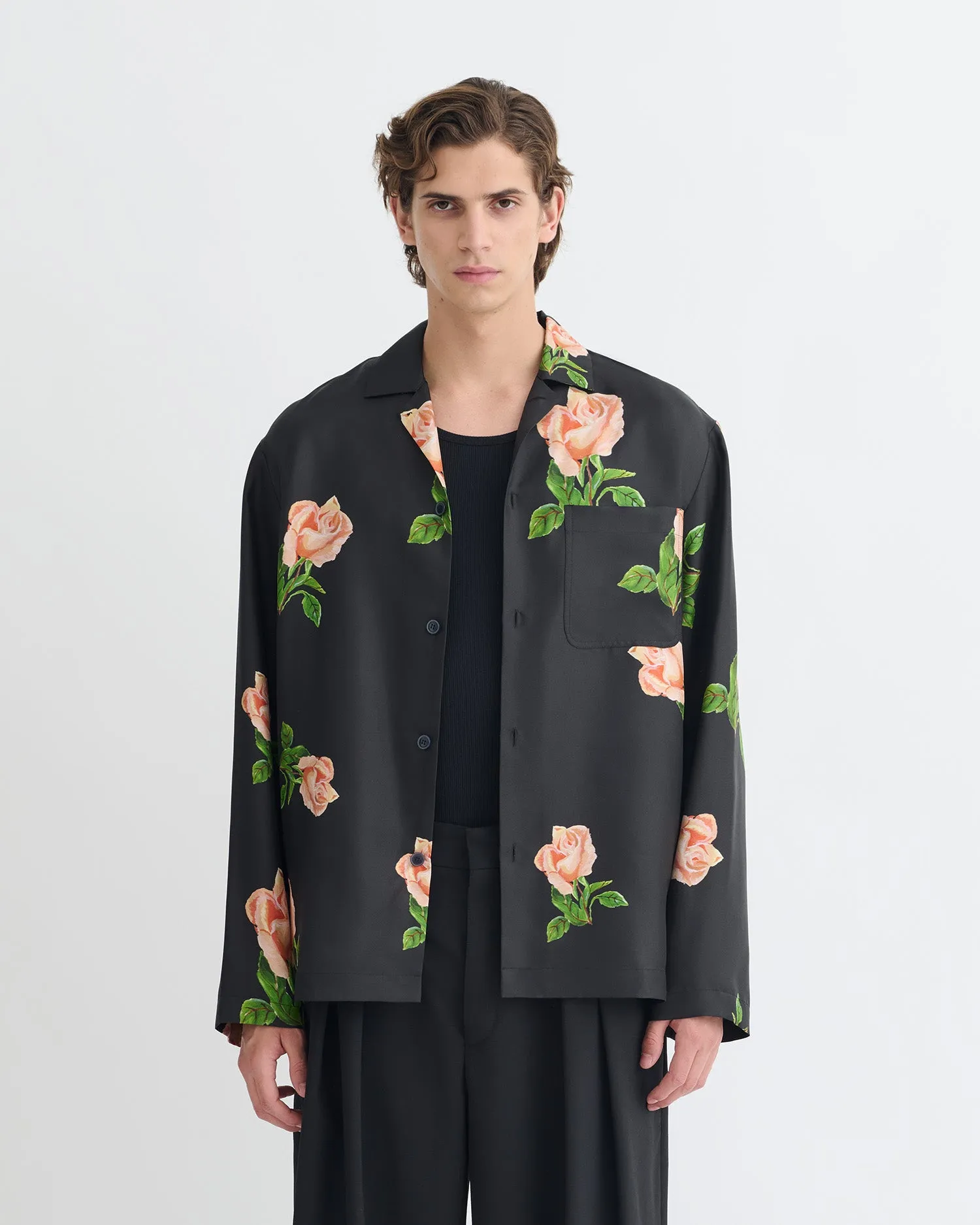 Breezy Stretch Moisture Management System Jamar - Printed Silk Twill Shirt - Black/Roses