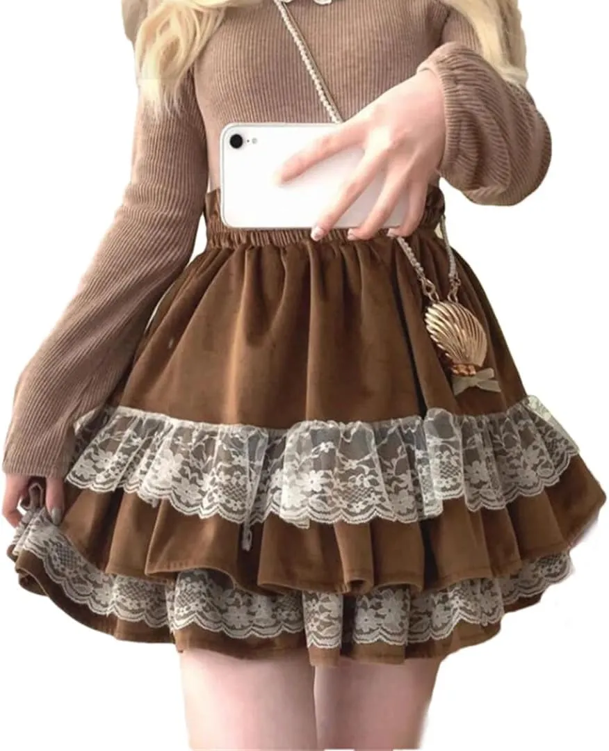 Japanese Fleece Skirt, Lace High Waist Pleated Cake Skirt, Cute Mini Skirt for Women