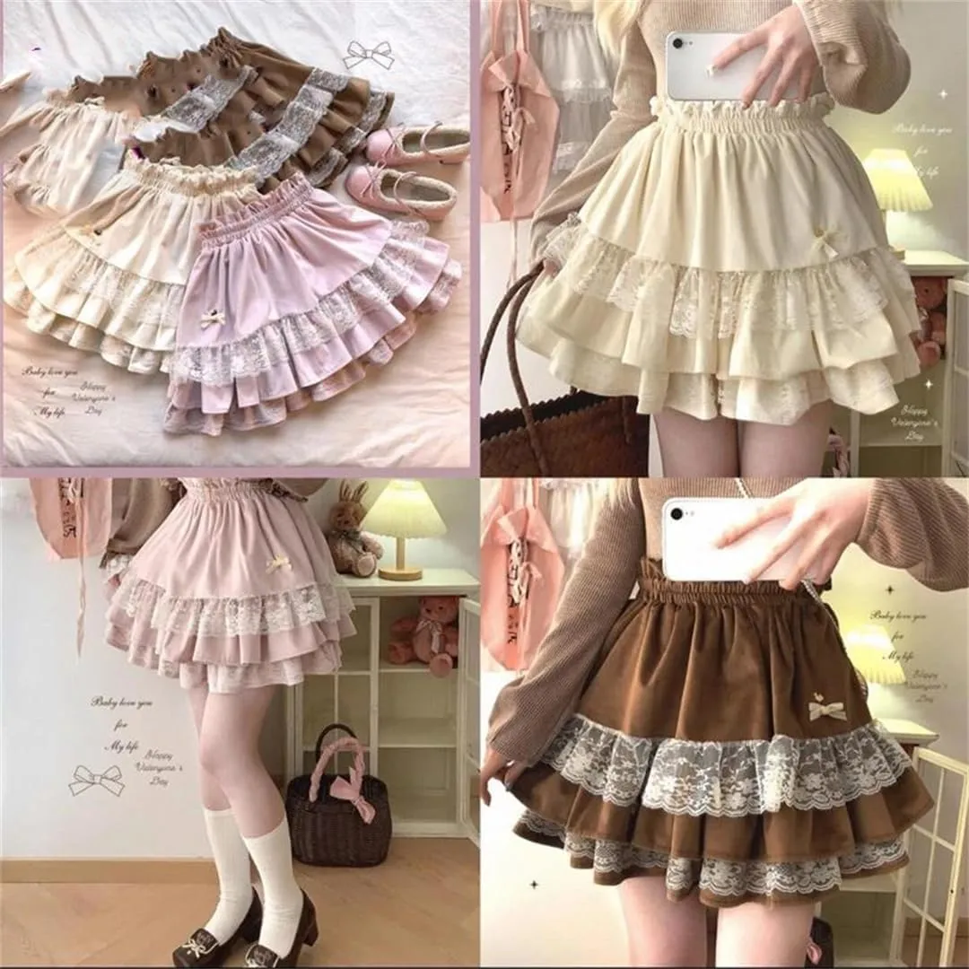 Japanese Fleece Skirt, Lace High Waist Pleated Cake Skirt, Cute Mini Skirt for Women