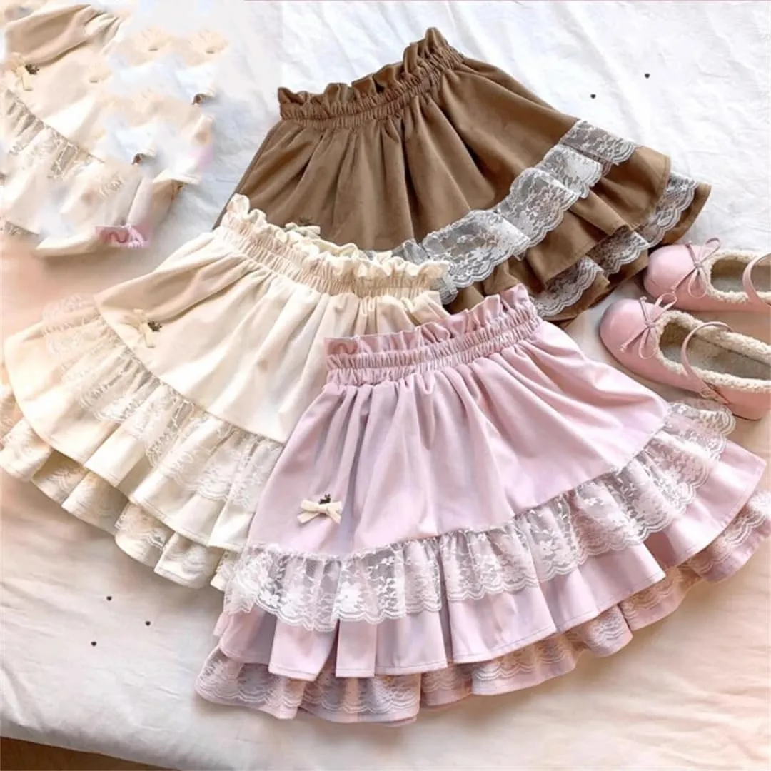 Japanese Fleece Skirt, Lace High Waist Pleated Cake Skirt, Cute Mini Skirt for Women