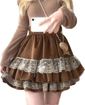Japanese Fleece Skirt, Lace High Waist Pleated Cake Skirt, Cute Mini Skirt for Women