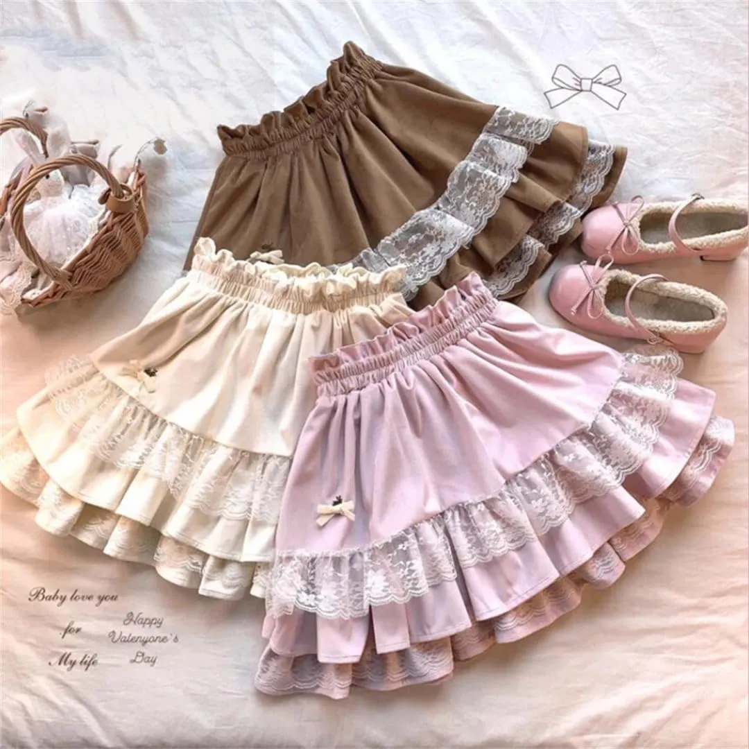 Japanese Fleece Skirt, Lace High Waist Pleated Cake Skirt, Cute Mini Skirt for Women