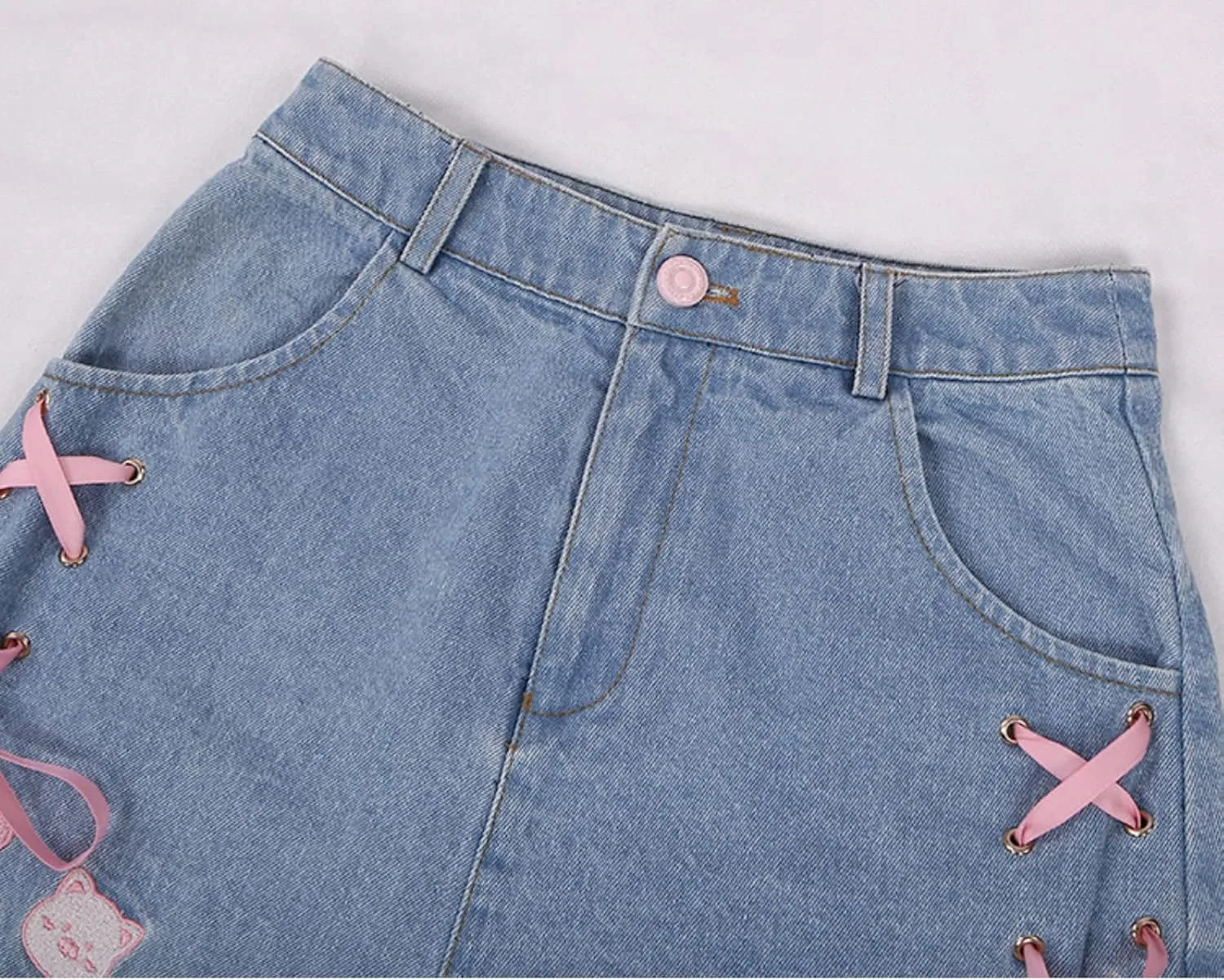 Jean Shorts Women Teen Girls Cute High Waisted Lace Up Kawaii Cat Embroidery Distressed Denim Shorts