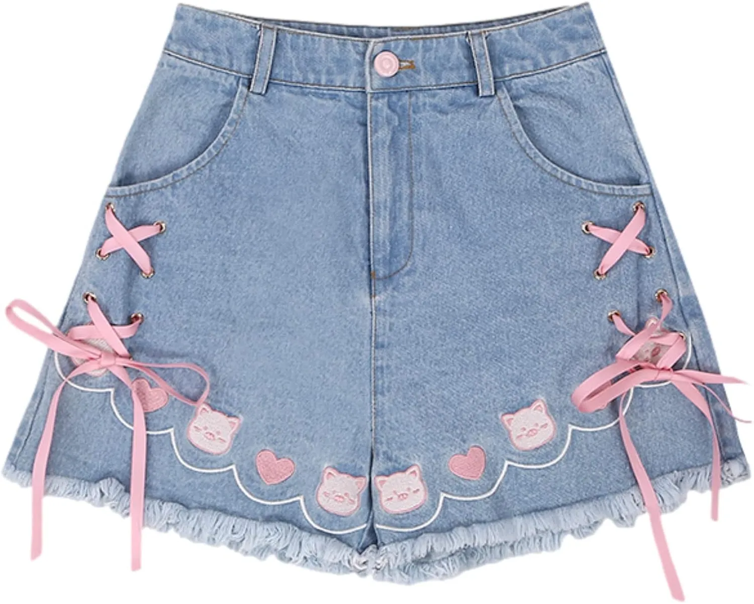 Jean Shorts Women Teen Girls Cute High Waisted Lace Up Kawaii Cat Embroidery Distressed Denim Shorts