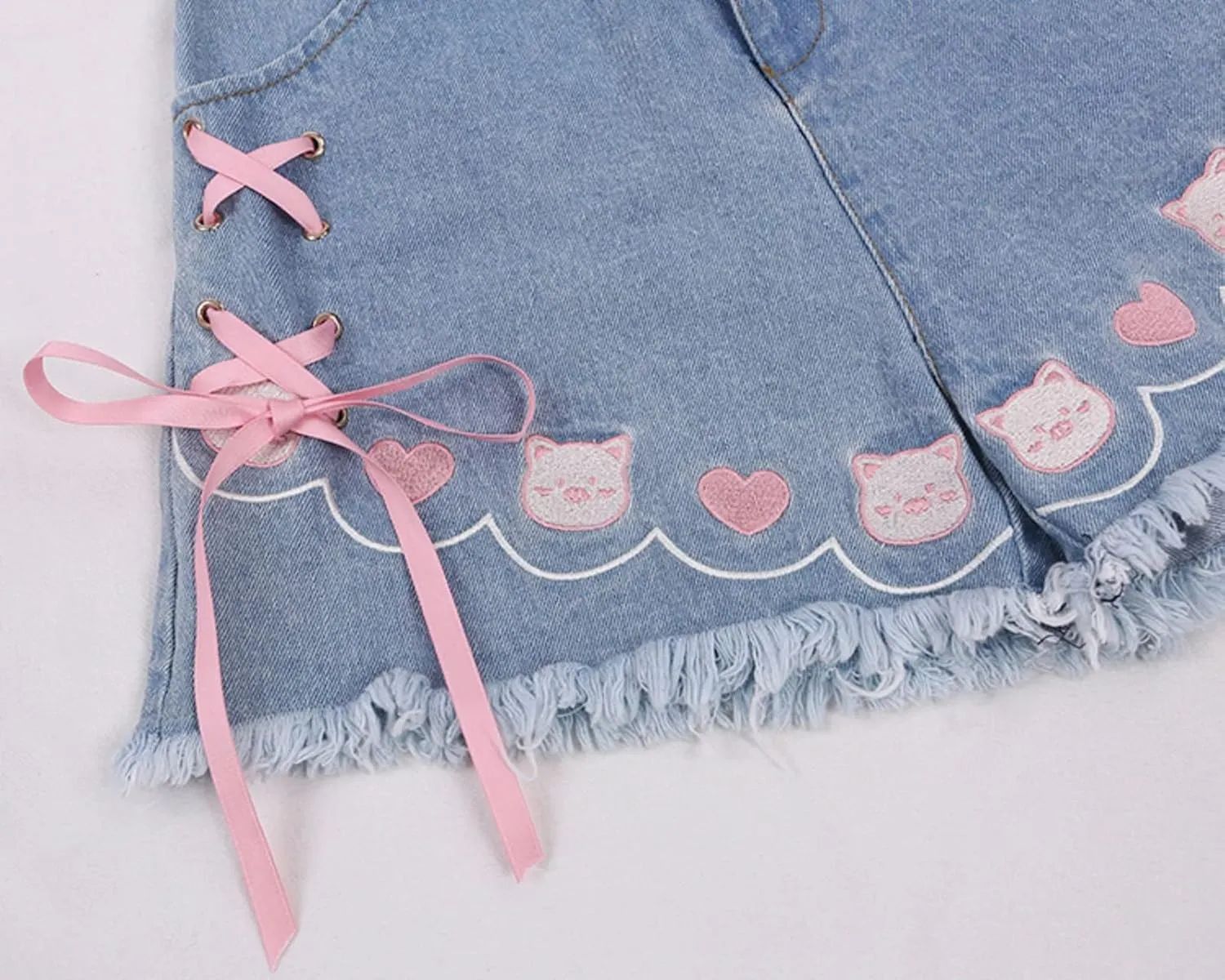 Jean Shorts Women Teen Girls Cute High Waisted Lace Up Kawaii Cat Embroidery Distressed Denim Shorts