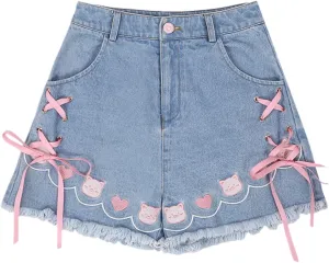 Jean Shorts Women Teen Girls Cute High Waisted Lace Up Kawaii Cat Embroidery Distressed Denim Shorts