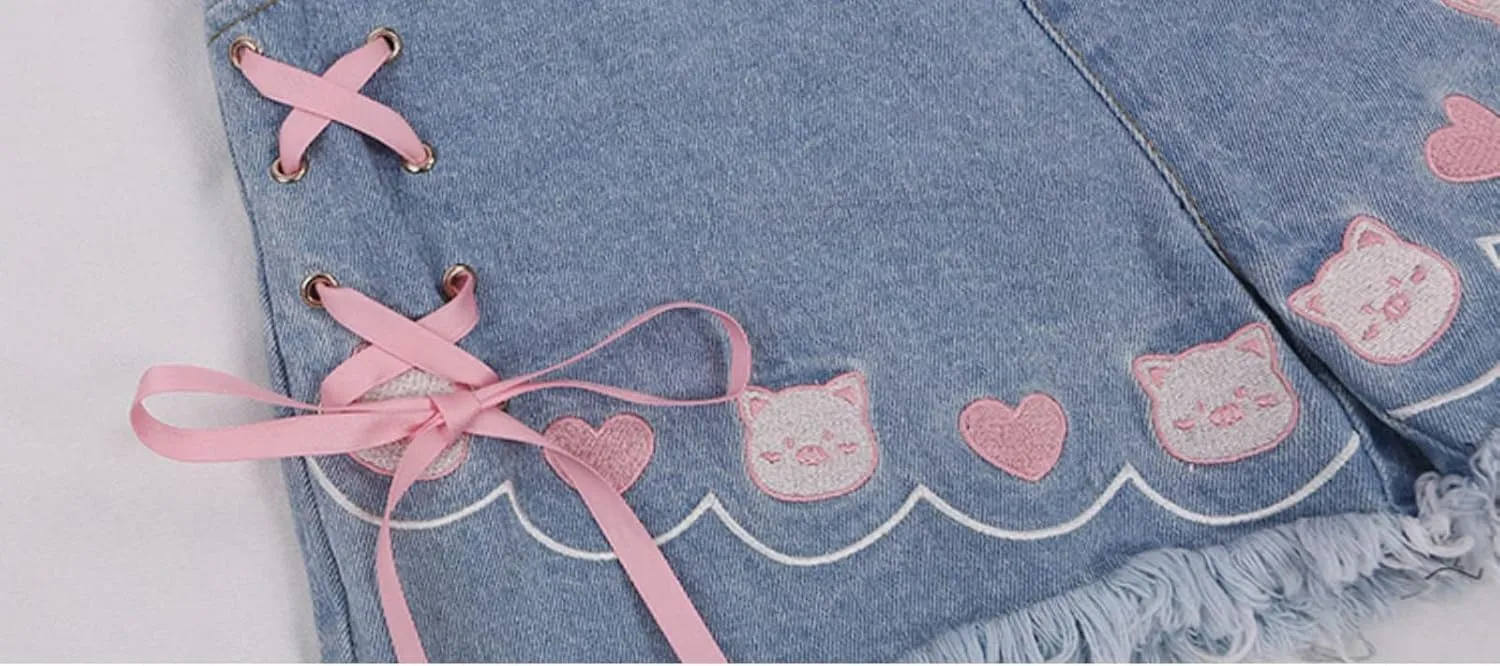 Jean Shorts Women Teen Girls Cute High Waisted Lace Up Kawaii Cat Embroidery Distressed Denim Shorts