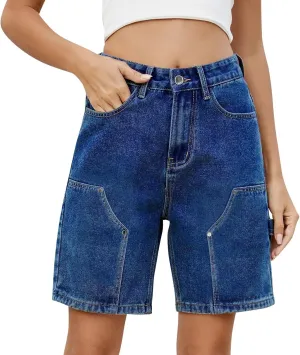 Jean Shorts Womens High-Waisted Cargo Pocket Distressed Frayed Hem Knee-Length Bermuda Collection