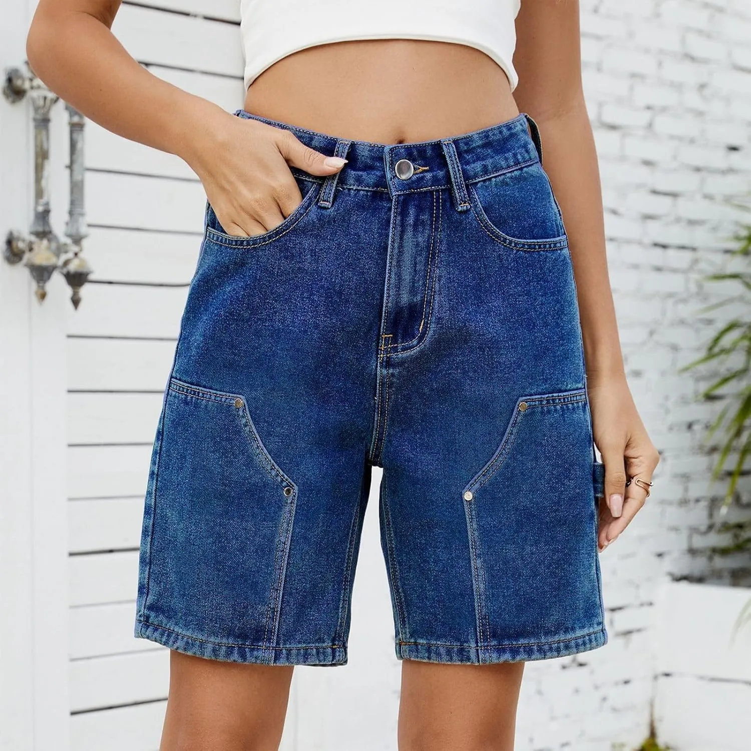 Jean Shorts Womens High-Waisted Cargo Pocket Distressed Frayed Hem Knee-Length Bermuda Collection