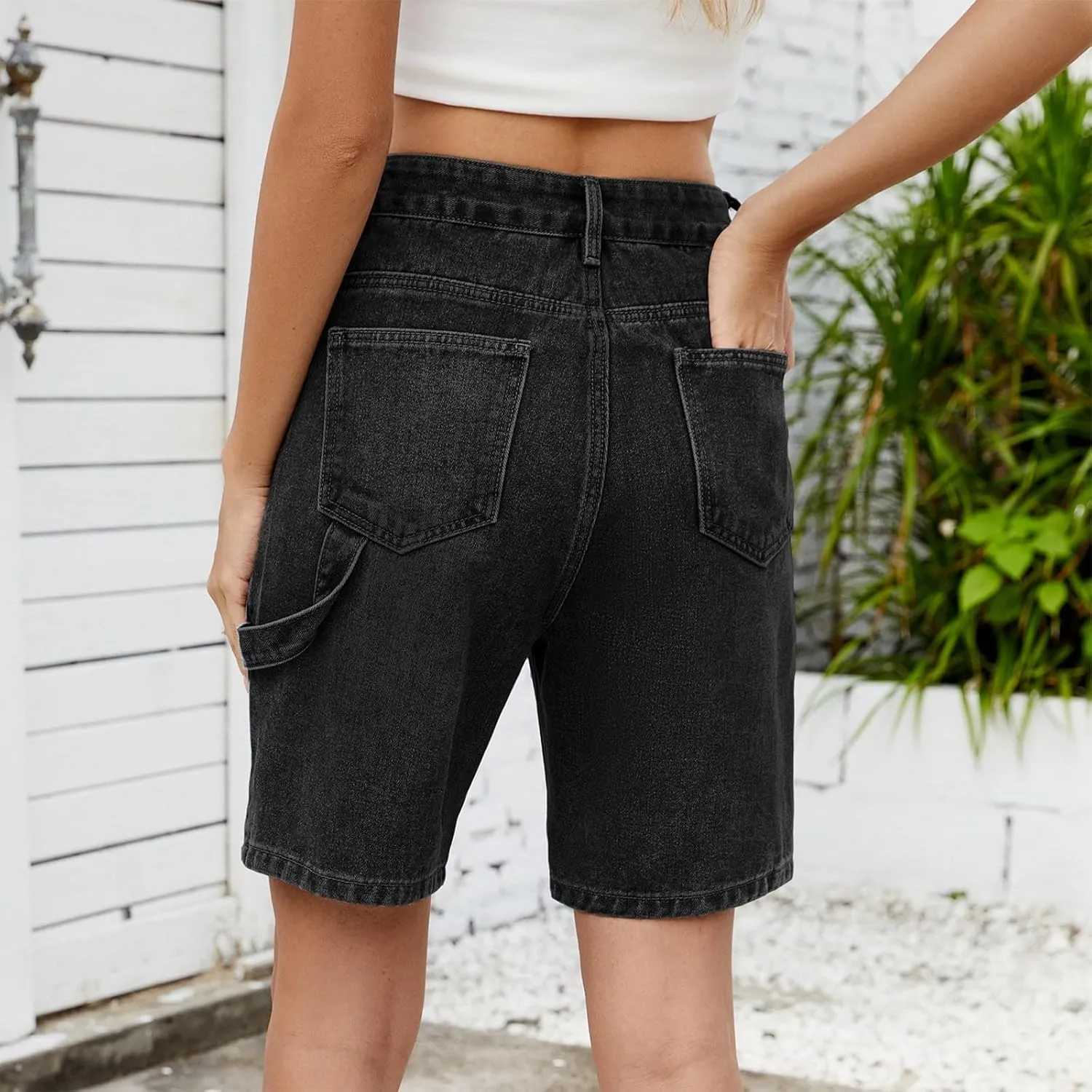 Jean Shorts Womens High-Waisted Cargo Pocket Distressed Frayed Hem Knee-Length Bermuda Collection