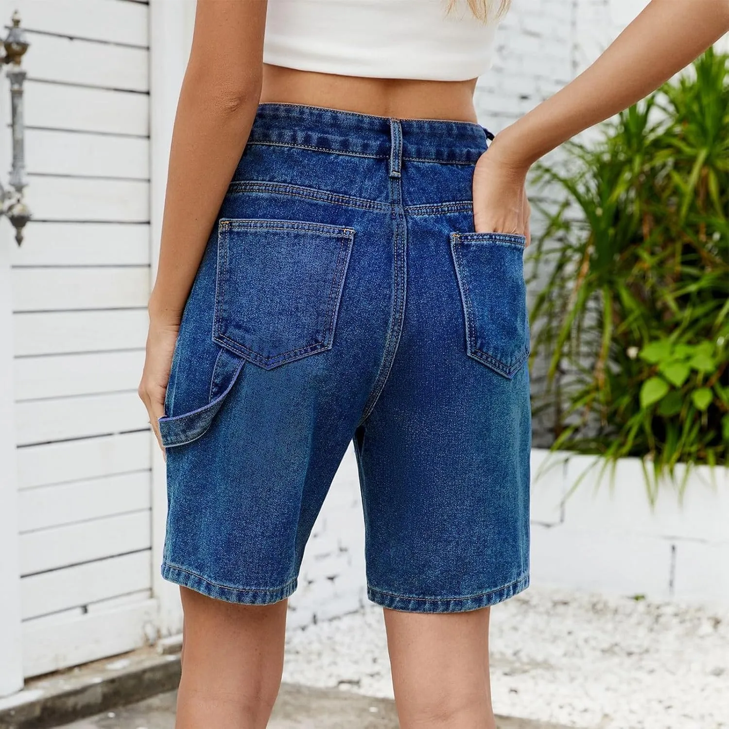Jean Shorts Womens High-Waisted Cargo Pocket Distressed Frayed Hem Knee-Length Bermuda Collection