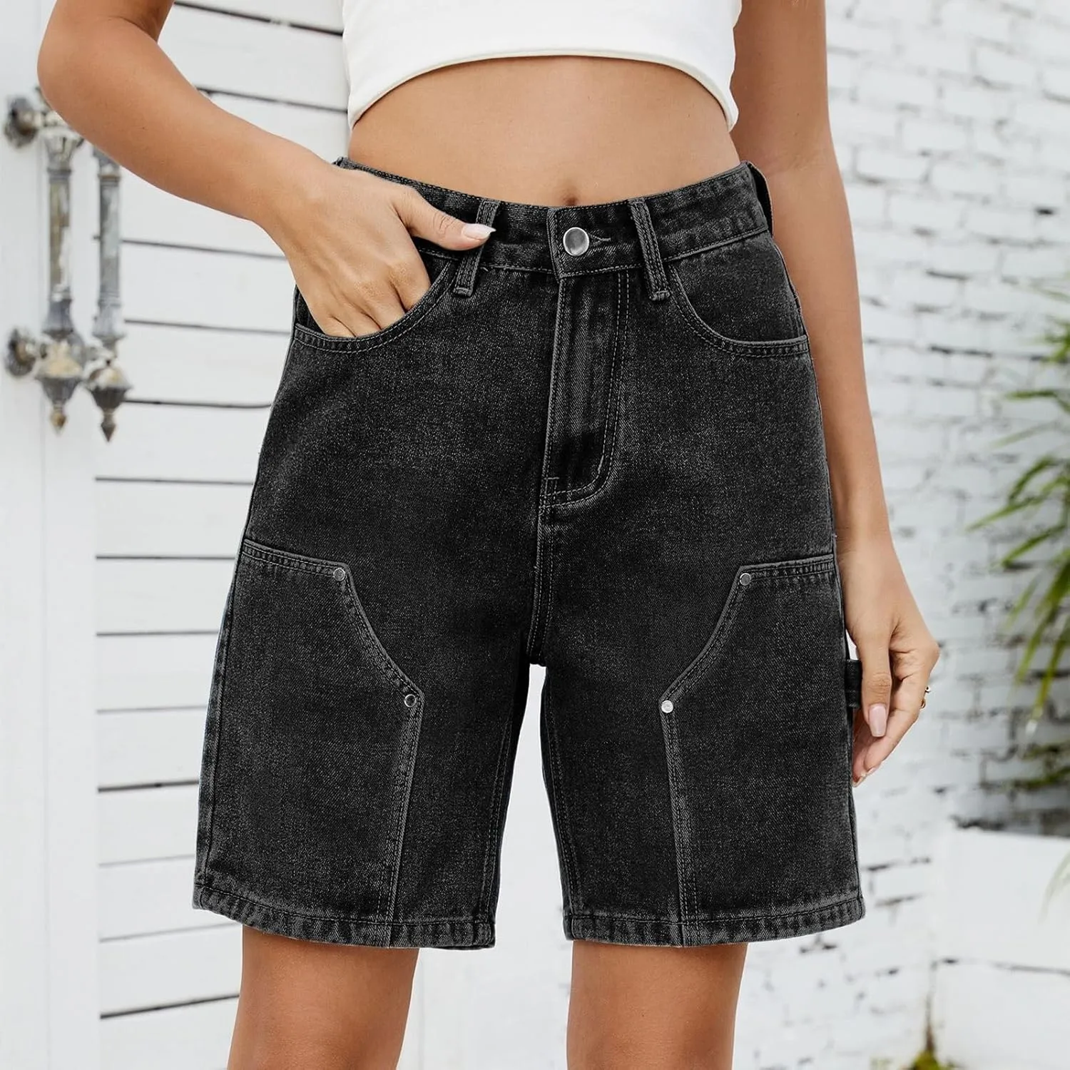 Jean Shorts Womens High-Waisted Cargo Pocket Distressed Frayed Hem Knee-Length Bermuda Collection