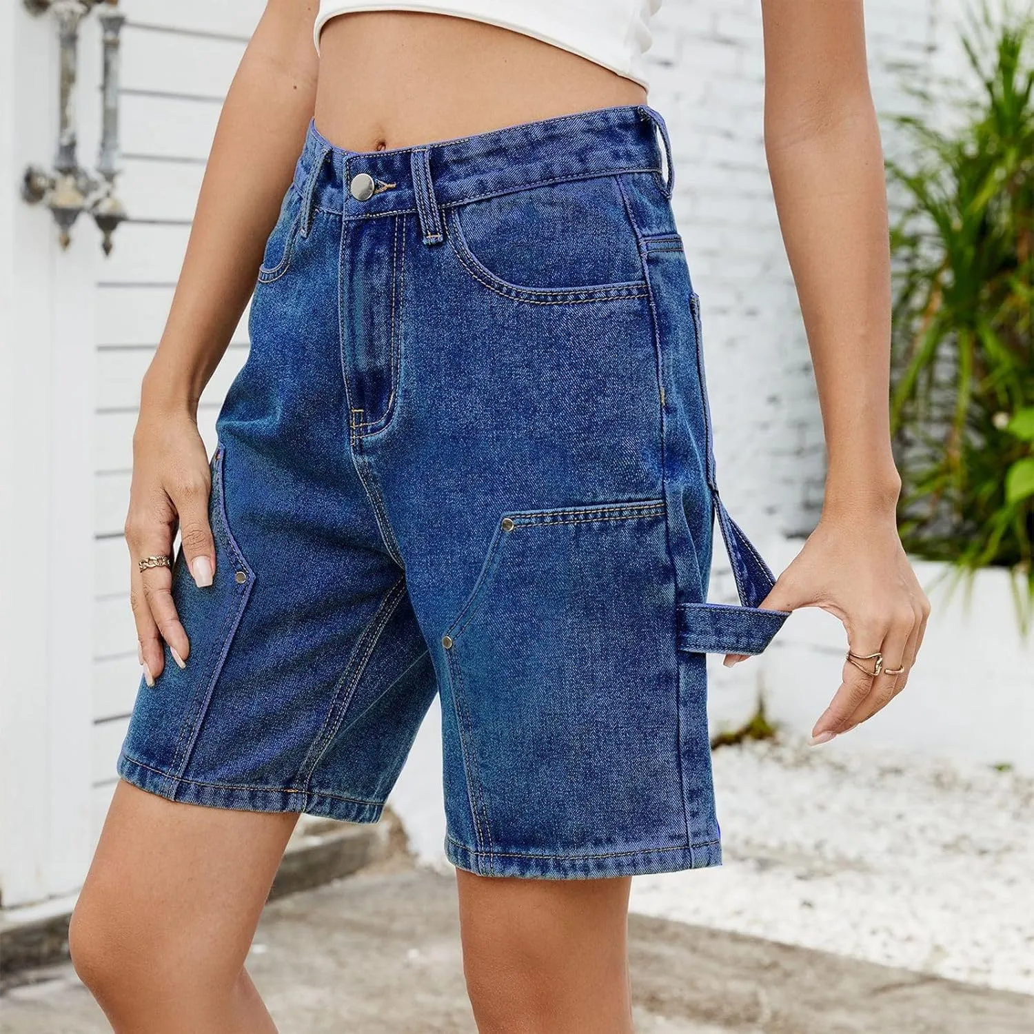 Jean Shorts Womens High-Waisted Cargo Pocket Distressed Frayed Hem Knee-Length Bermuda Collection