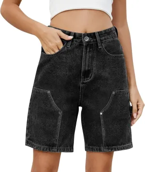 Jean Shorts Womens High-Waisted Cargo Pocket Distressed Frayed Hem Knee-Length Bermuda Collection
