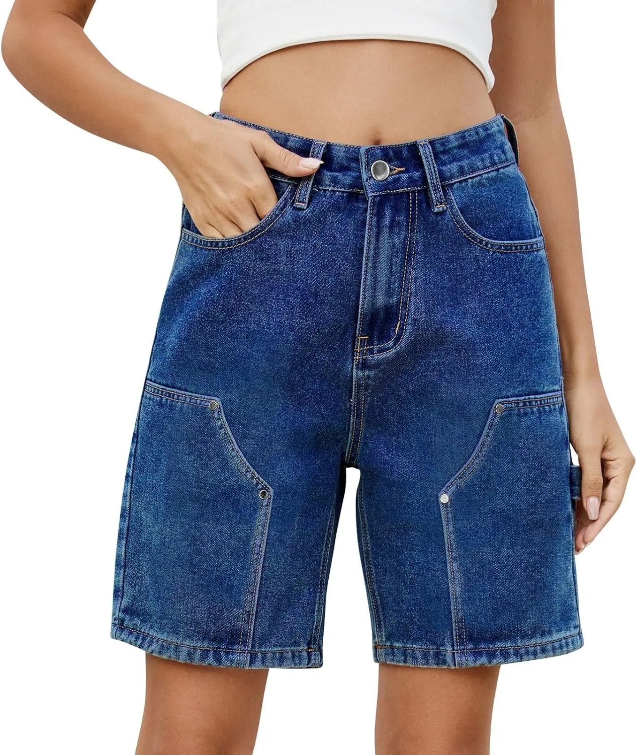 Jean Shorts Womens High-Waisted Cargo Pocket Distressed Frayed Hem Knee-Length Bermuda Collection