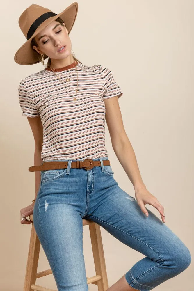 Jennifer Striped Tee in Camel