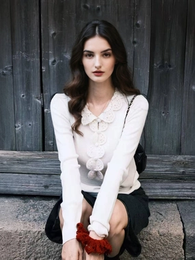 EcoFriendly Material Blend Temperature control Jennifer Ruffle Collar Crochet Cardigan