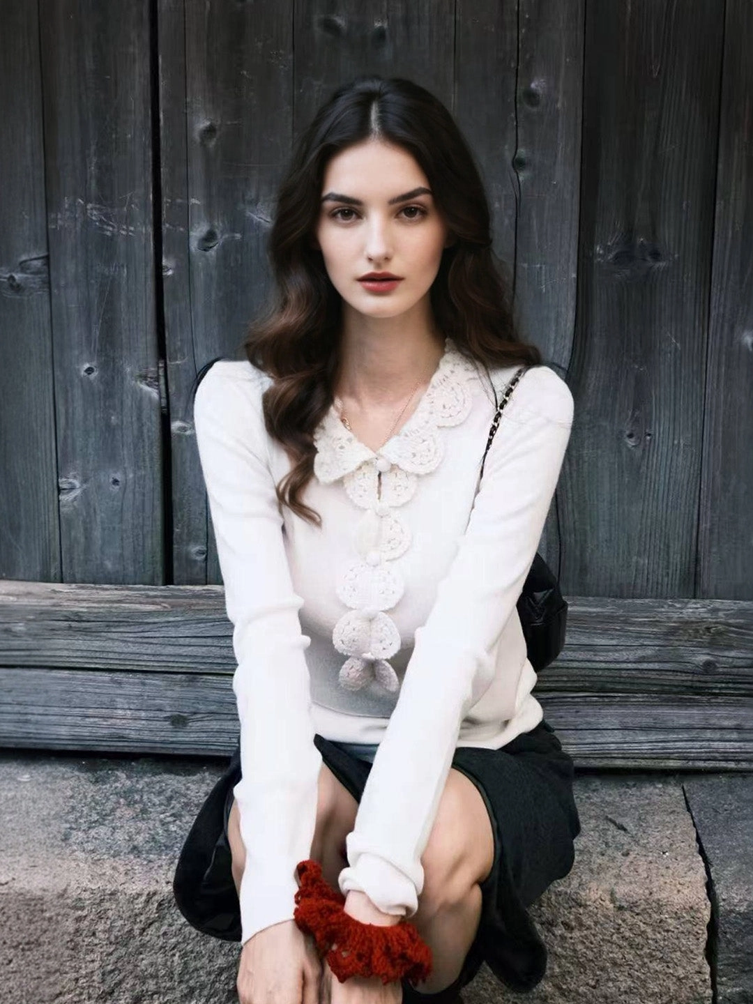 EcoFriendly Material Blend Temperature control Jennifer Ruffle Collar Crochet Cardigan