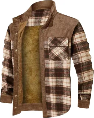 JEsilunmaMY Men's Fleece Lined Plaid Corduroy Jacket Button Stand Collar Flannel Sherpa Coat Warm Winter Thick Shacket Shirt