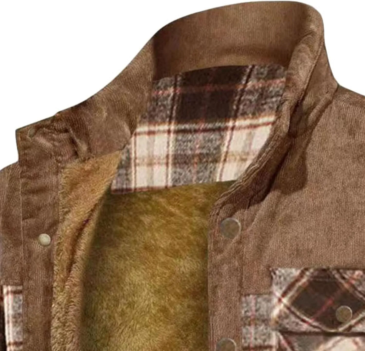 JEsilunmaMY Men's Fleece Lined Plaid Corduroy Jacket Button Stand Collar Flannel Sherpa Coat Warm Winter Thick Shacket Shirt
