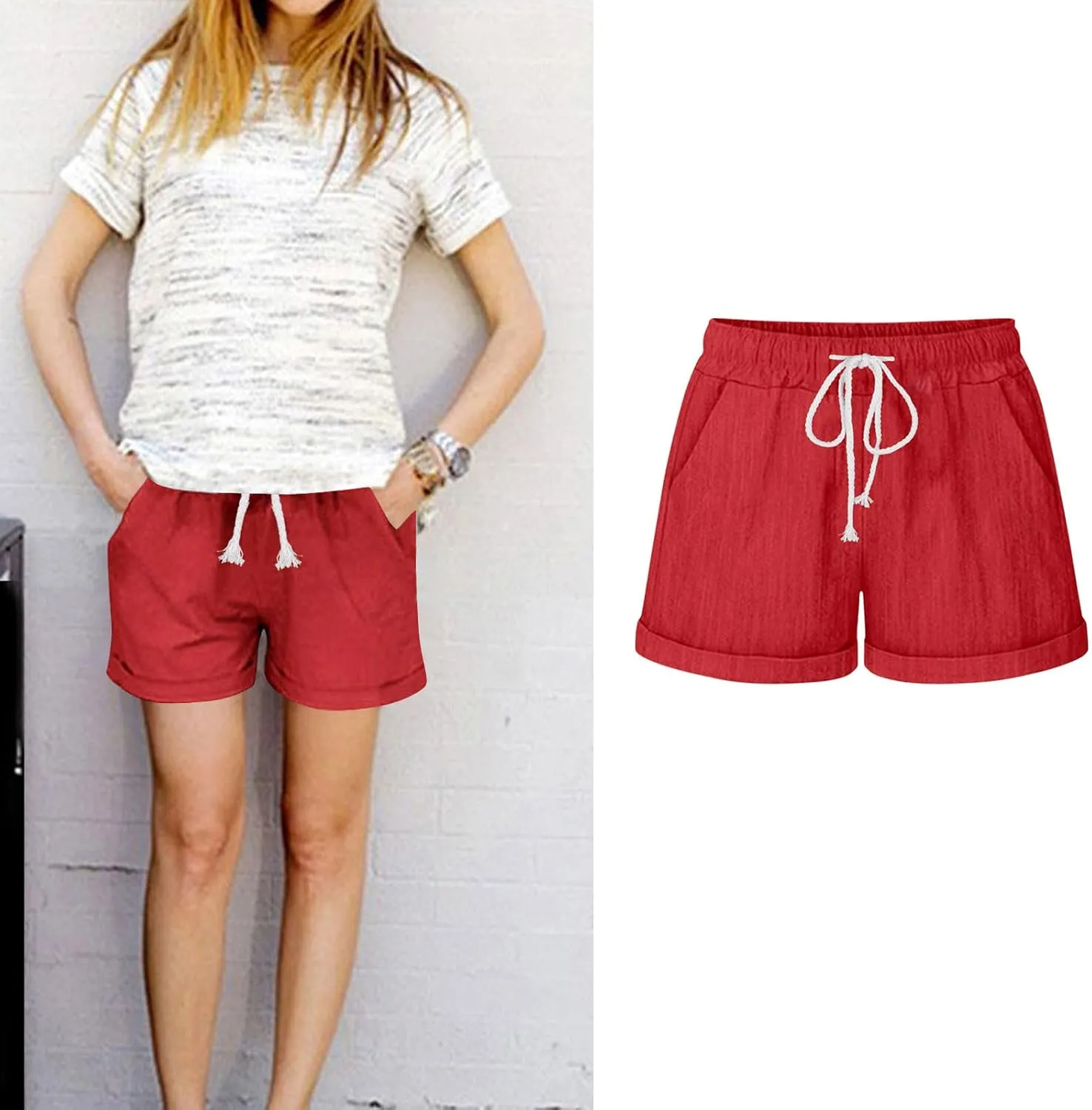 JOAU Womens Shorts 2024 Comfy Summer Drawstring High Waist Cotton Linen Shorts Trendy Casual Loose Rolled Hem Pockets Shorts