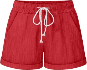 JOAU Womens Shorts 2024 Comfy Summer Drawstring High Waist Cotton Linen Shorts Trendy Casual Loose Rolled Hem Pockets Shorts