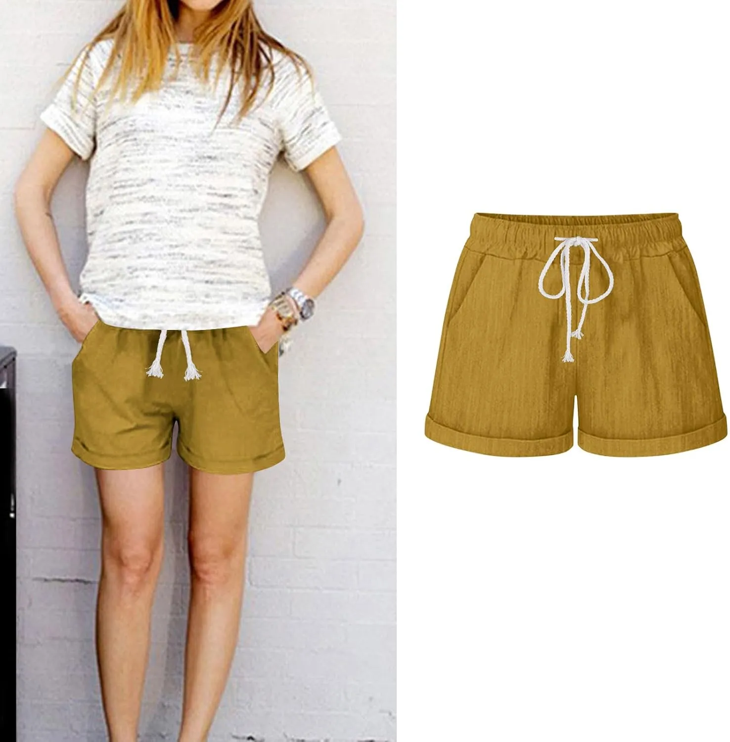 JOAU Womens Shorts 2024 Comfy Summer Drawstring High Waist Cotton Linen Shorts Trendy Casual Loose Rolled Hem Pockets Shorts
