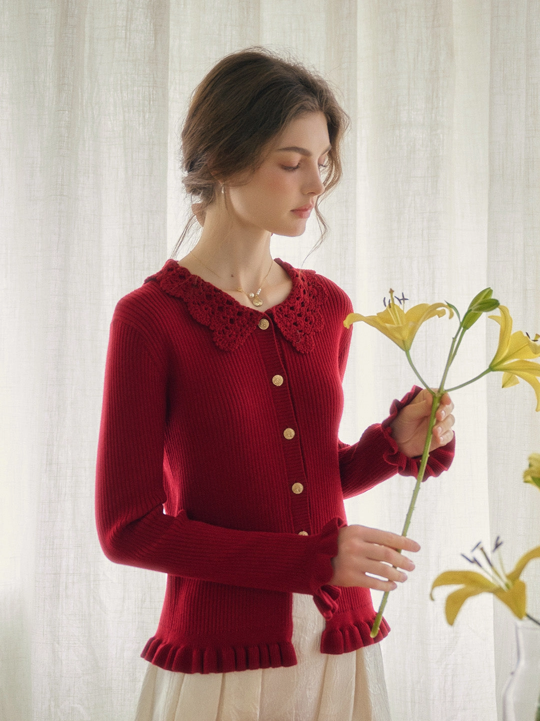 Jocelyn Red Round Neck Knit Wool Cardigan Loopwheel Construction